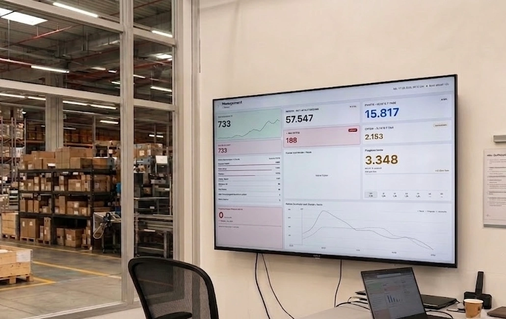 max.dash dashboard view on a wall screen at a warehouse workstation: parcel volumes for today, the running month and the last seven days, open orders, throughput indicator and daily forecast
